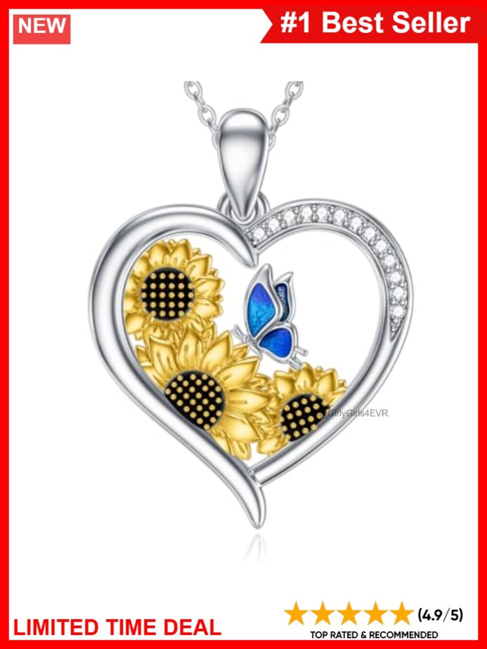 925 Sterling Silver Sunflower Heart Butterfly Pendant Necklace 18+2" Adjustable
